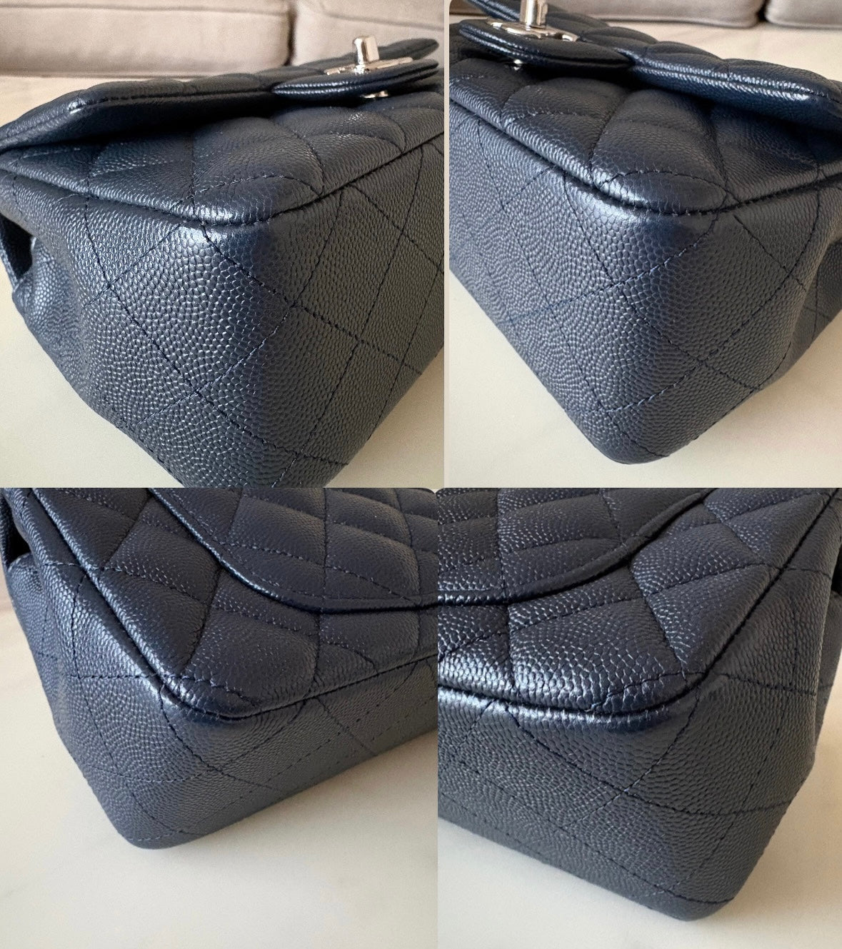 CHANEL 18B Navy Blue Caviar Quilted Rectangular Mini Flap Bag Silver Hardware