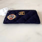 CHANEL 18A Charming Navy Blue/Burgundy Wool/Calfskin Flat Card Holder Oversized CC Gold Hardware
