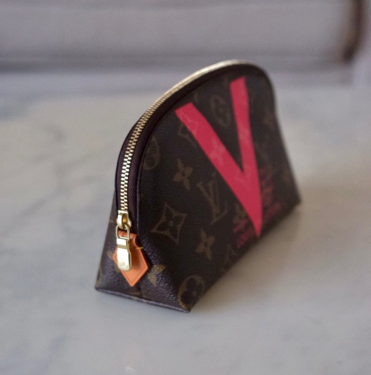 LV LOUIS VUITTON Limited Edition Pink V Voyage Grenade Monogram Cosmetic Pouch