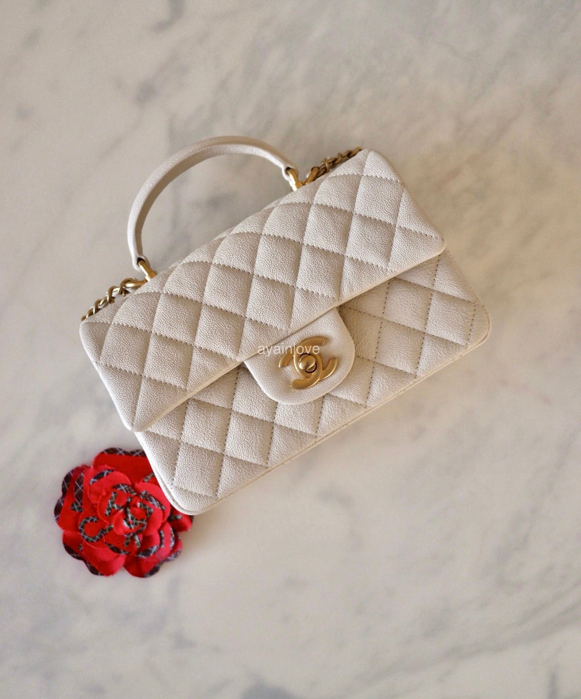 CHANEL 21S Light Beige Caviar Top Handle Rectangular Mini Bag Gold Hardware
