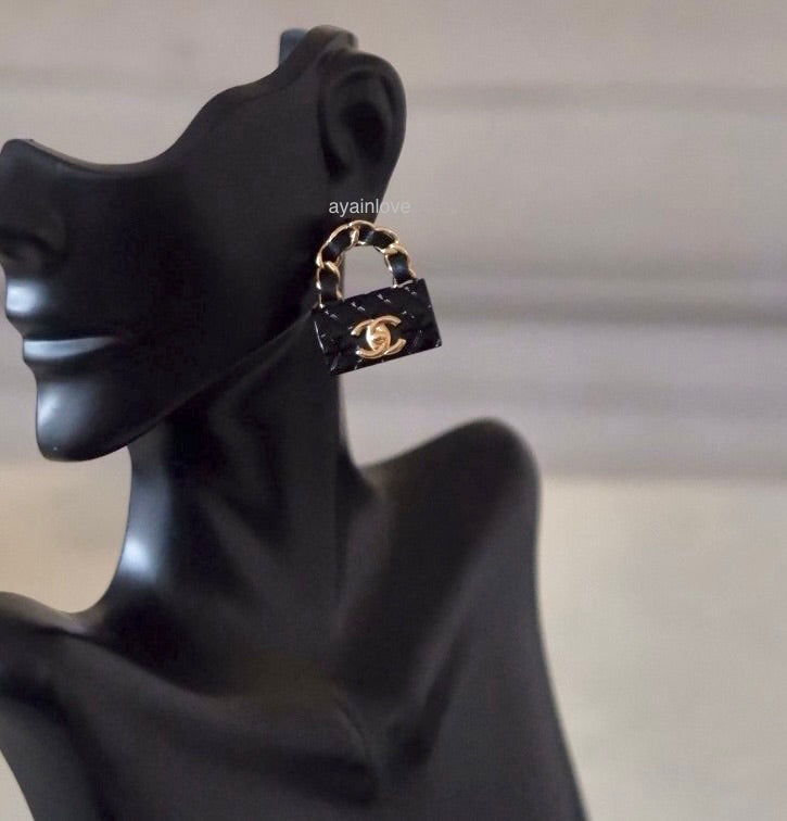 CHANEL 23C Black Classic Flap Handbag Stud Earrings Gold Hardware