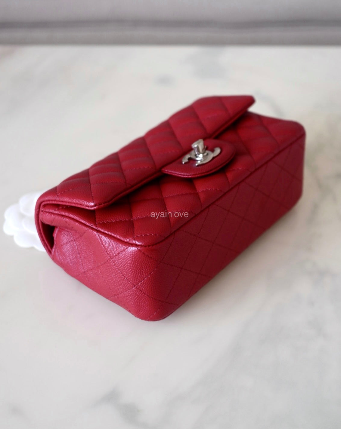 CHANEL 17B Red Caviar Quilted Classic Rectangular Mini Silver Hardware