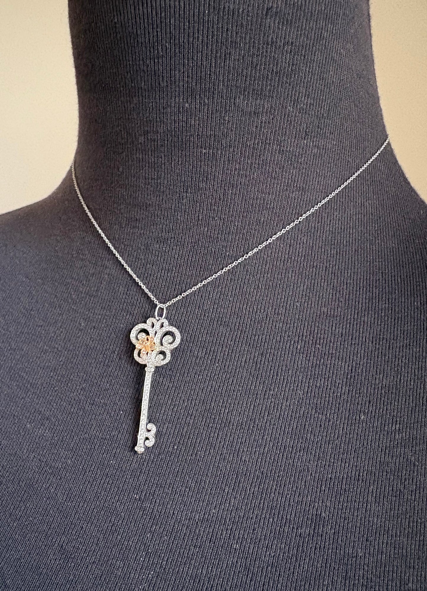 TIFFANY & CO Enchant Butterfly Key Pendant Necklace 950 Platinum White Diamonds and 18KT Rose Gold Pink Diamonds