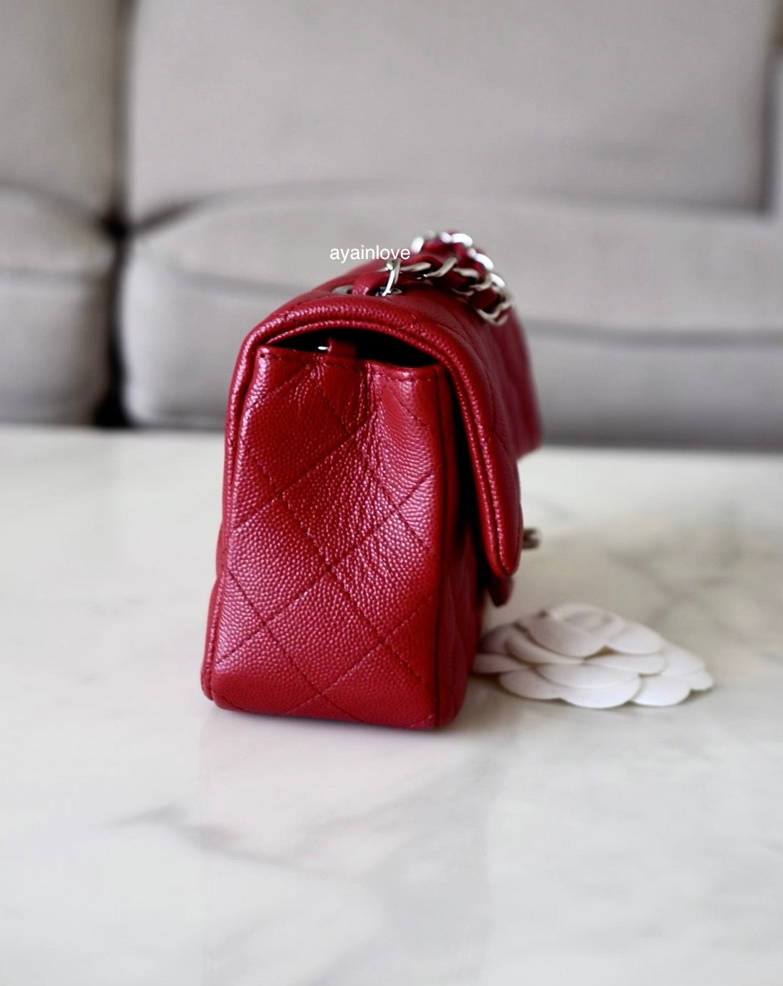CHANEL 17B Red Caviar Quilted Classic Rectangular Mini Silver Hardware