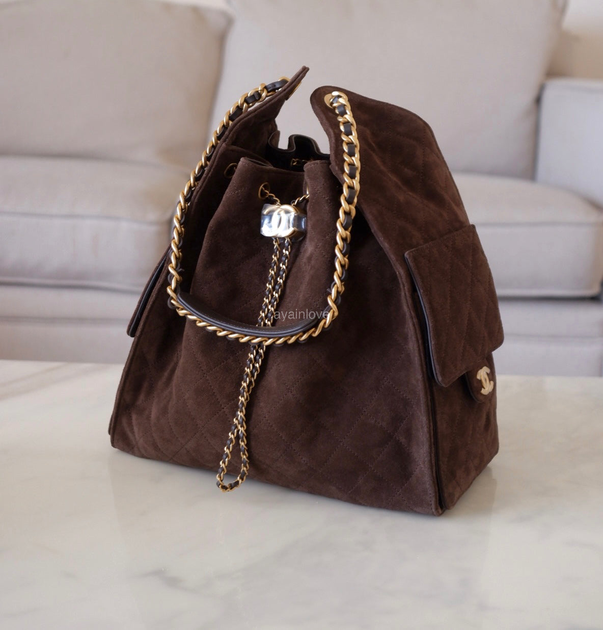 CHANEL 26C Dark Brown Suede Calfskin Medium 25 Bag Gold Hardware