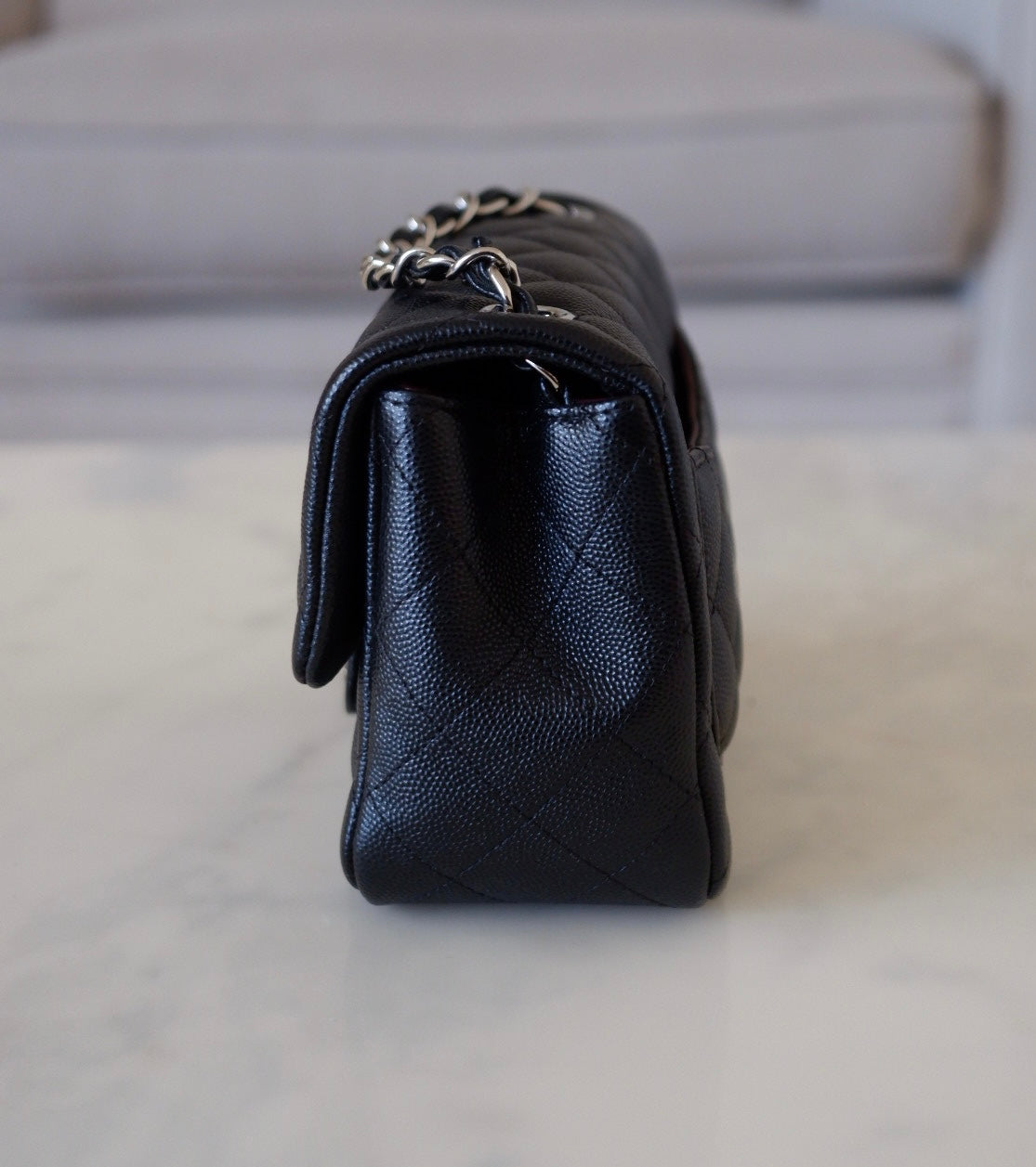 CHANEL 17B Black Caviar (Burgundy Interior) Quilted Square Mini Flap Bag Silver Hardware