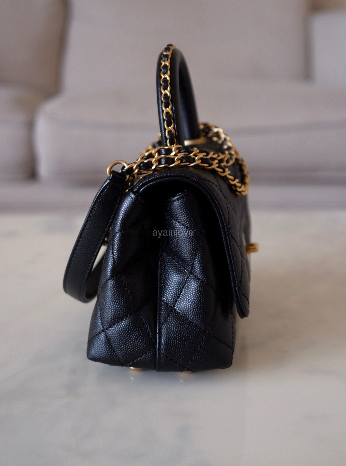 CHANEL Black Caviar Coco Chain Leather Handle Mini 19cm *Microchipped* Brushed Gold Hardware