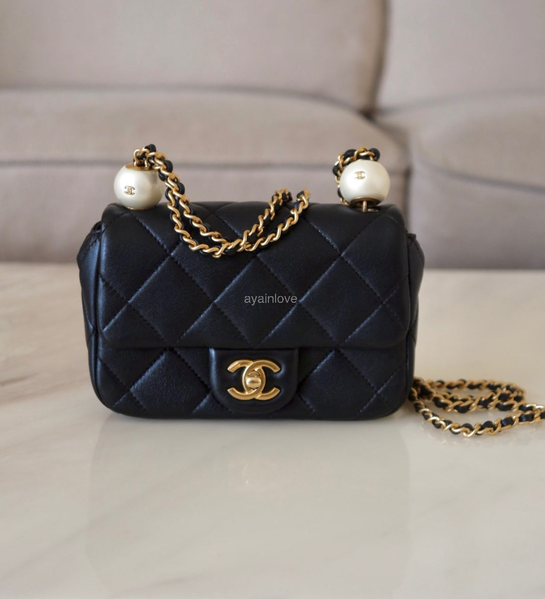 CHANEL 24S Black Lambskin Twin Pearls Quilted Mini Flap Bag Adjustable Gold Hardware