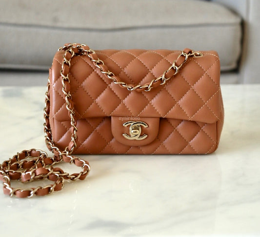 CHANEL 22S Caramel Brown Lamb Skin Rectangular Mini Light Gold Hardware
