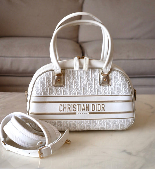DIOR White Oblique Perforated Calfskin Medium Vibe Zip Bowling Bag Light Gold Hardware