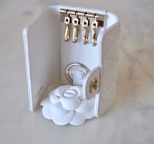CHANEL 23K White Caviar Key Chain Flap Card Holder Light Gold Hardware