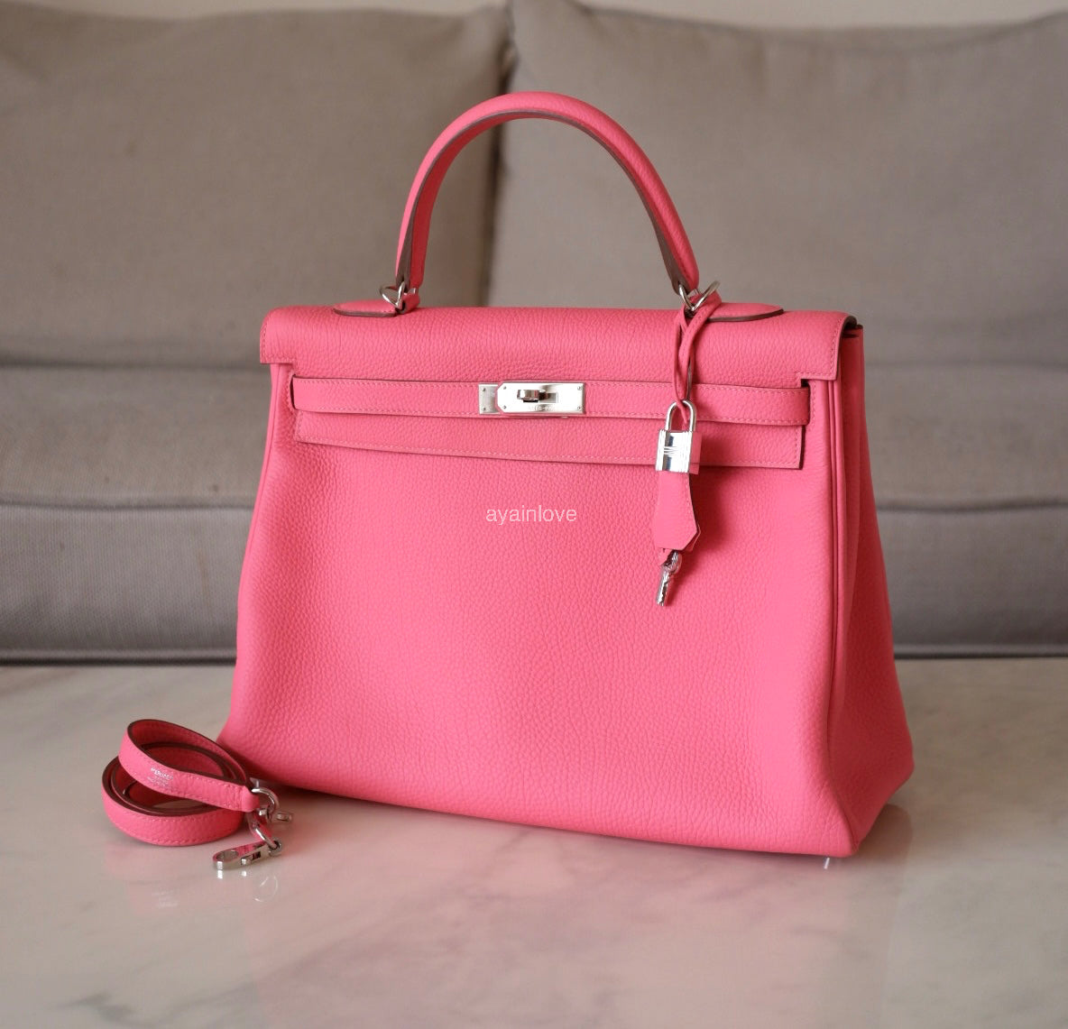 HERMES Kelly 35 Pink Rose Lipstick Togo Palladium Hardware Q Square Stamp
