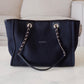 CHANEL Midnight Navy Blue Canvas Small Medium Deauville Microchipped Tote Bag Silver Hardware
