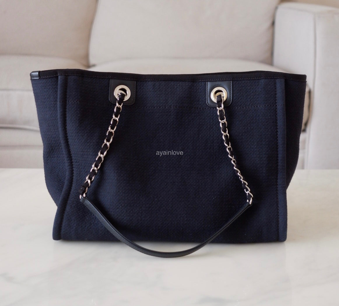 CHANEL Midnight Navy Blue Canvas Small Medium Deauville Microchipped Tote Bag Silver Hardware