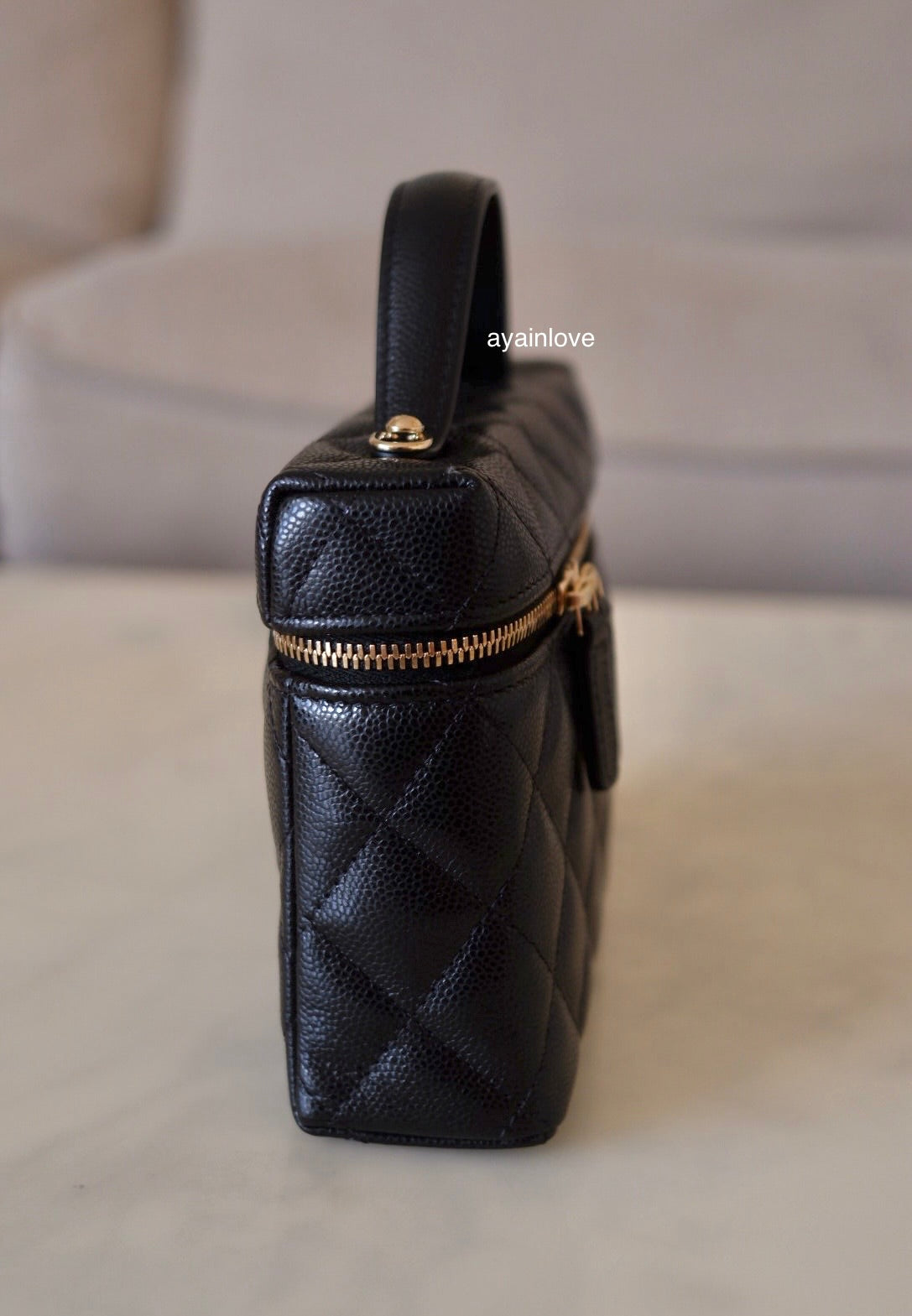 CHANEL Black Caviar Top Handle Flat Vanity on Chain Light Gold Hardware