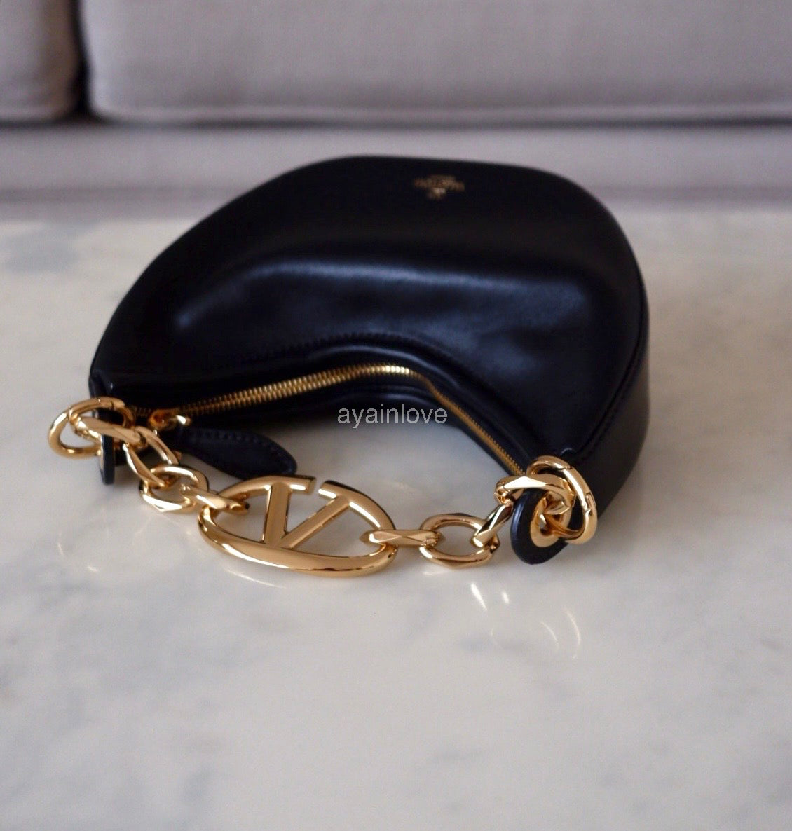 VALENTINO Vlogo Black Moon Zip Up Mini Hobo Bag Gold Hardware