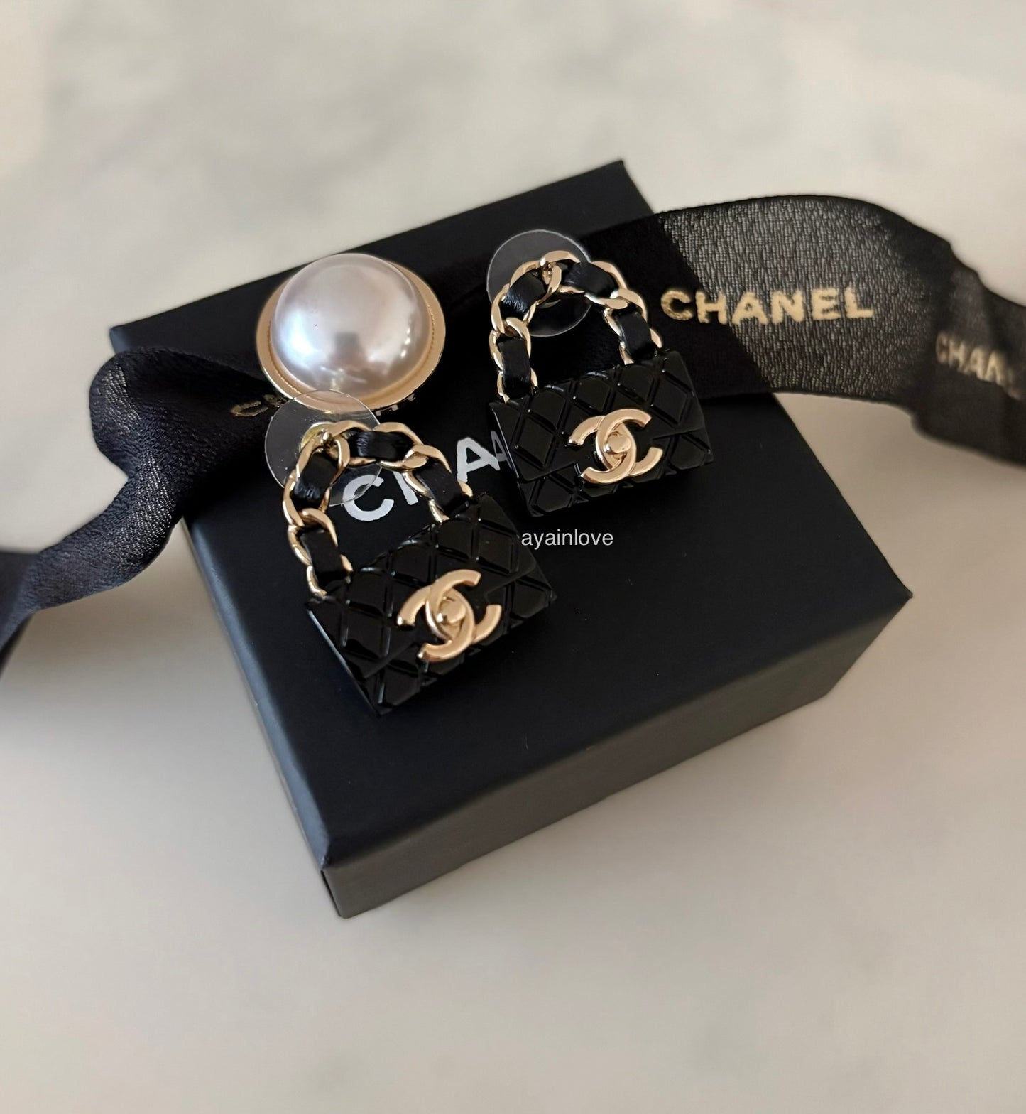 CHANEL 23C Black Classic Flap Handbag Stud Earrings Gold Hardware