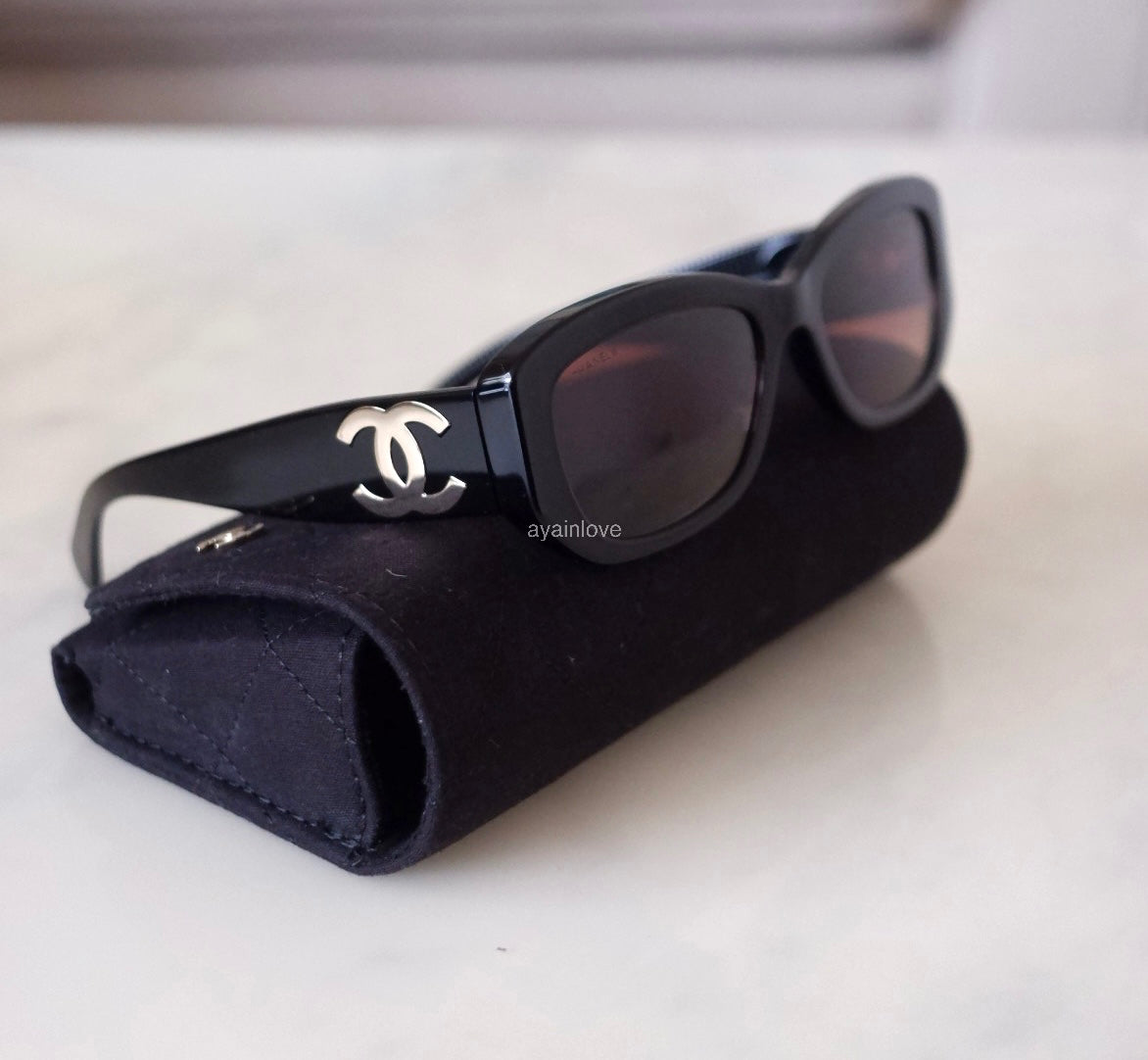 CHANEL Pillow Black CC Logo Hardware Rectangle Sunglasses