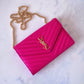 Yves Saint Laurent YSL Classic Cassandre Fuchsia Chevron Quilting Wallet on Chain Gold Hardware
