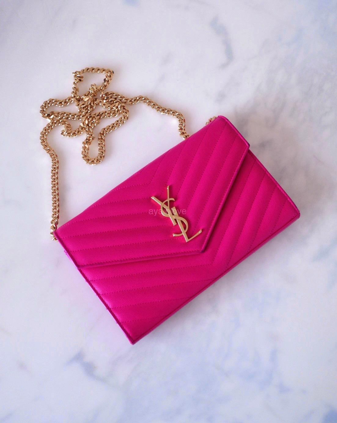 Yves Saint Laurent YSL Classic Cassandre Fuchsia Chevron Quilting Wallet on Chain Gold Hardware