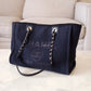 CHANEL Midnight Navy Blue Canvas Small Medium Deauville Microchipped Tote Bag Silver Hardware