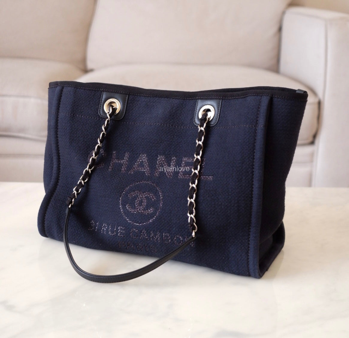 CHANEL Midnight Navy Blue Canvas Small Medium Deauville Microchipped Tote Bag Silver Hardware