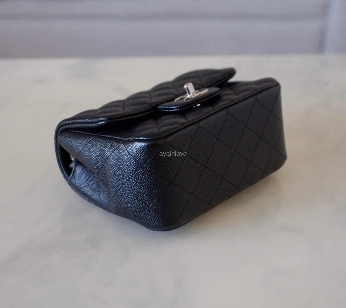 CHANEL 17B Black Caviar (Burgundy Interior) Quilted Square Mini Flap Bag Silver Hardware