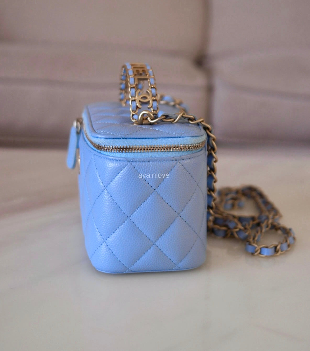 CHANEL 22S Pick Me Up Blue Caviar Top Handle Script Vanity Gold Hardware