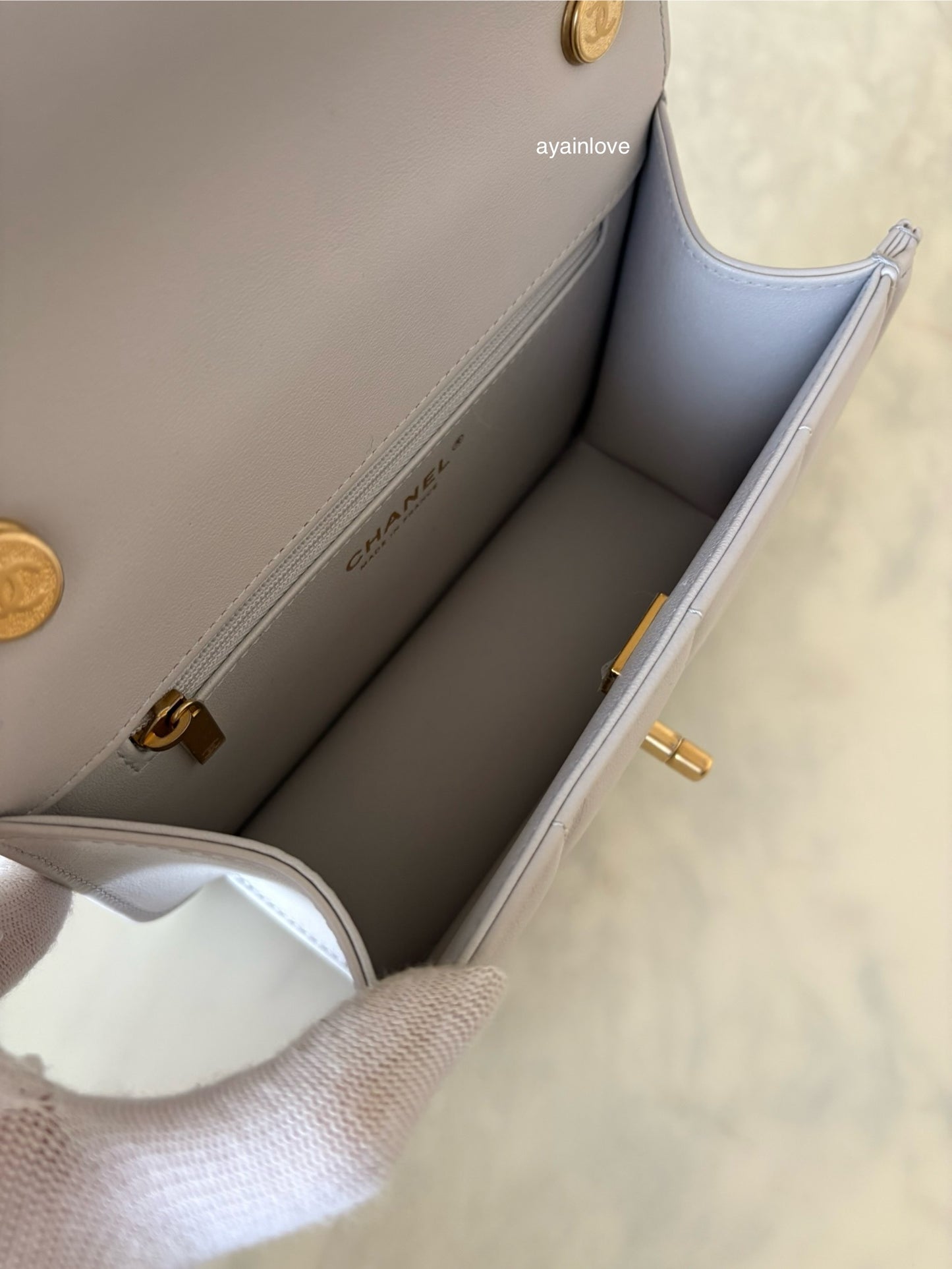 CHANEL 2025 Light Grey Lambskin Microchipped Quilted Chocolate Bar Mini Flap Bag Brushed Gold Hardware