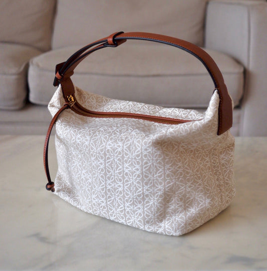 LOEWE Ecru Tan Anagram Canvas Cubi Jacquard and Calfskin Medium Hobo Bag