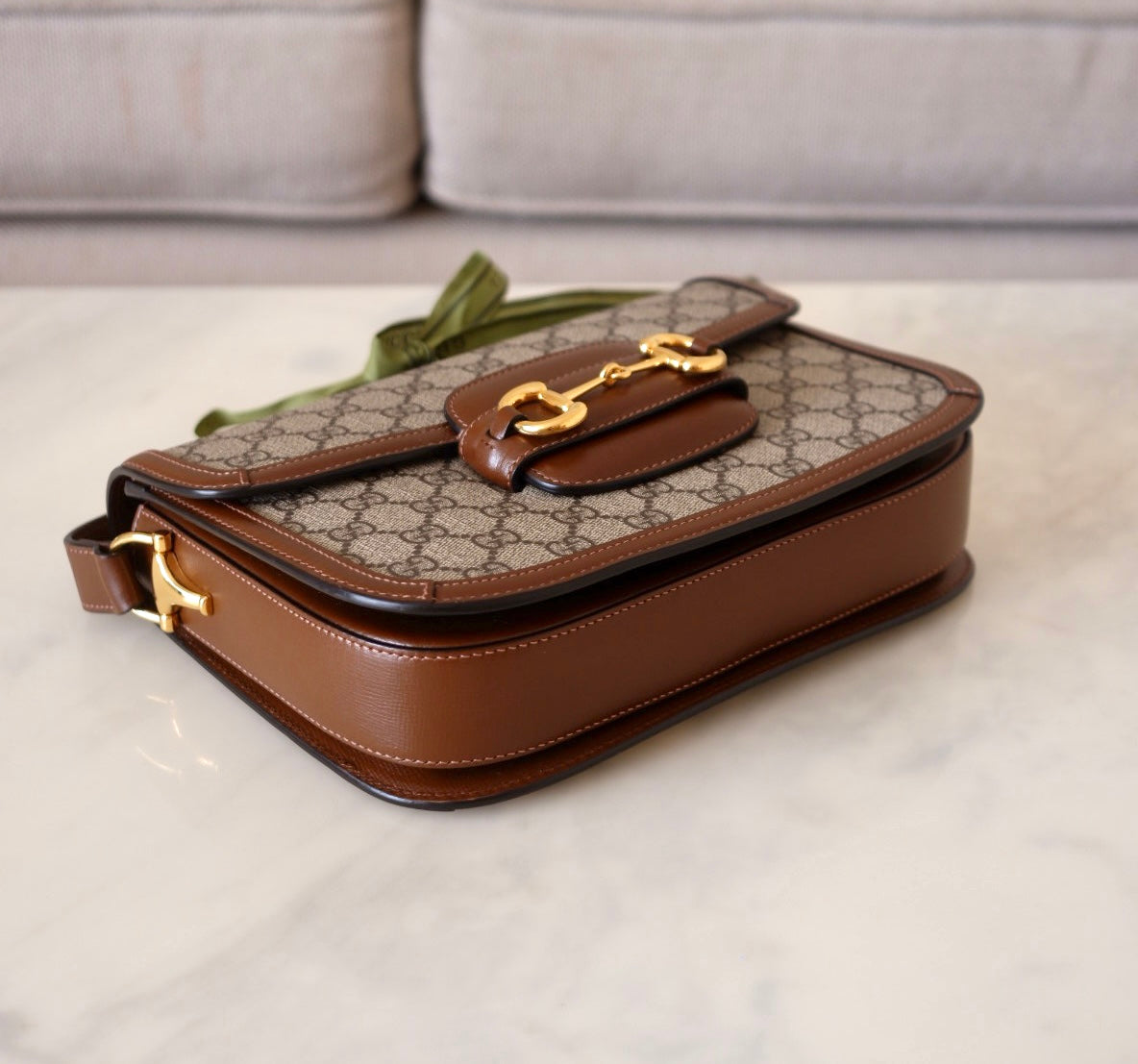 Gucci Horsebit 1955 Medium Brown GG Supreme Monogram Bag Gold Hardware