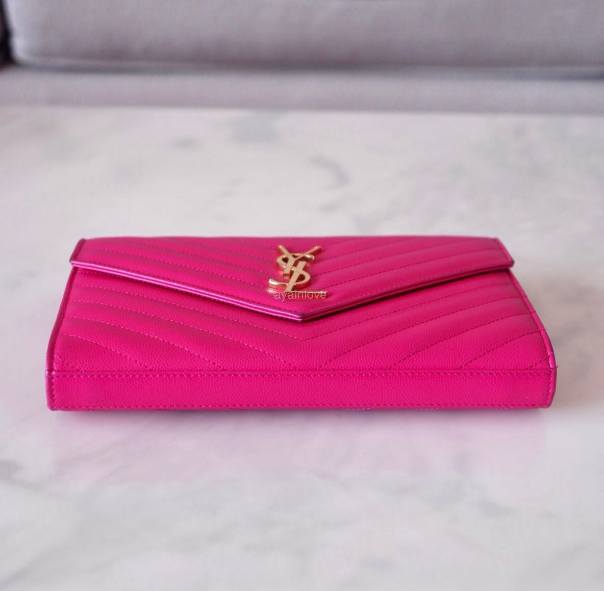 Yves Saint Laurent YSL Classic Cassandre Fuchsia Chevron Quilting Wallet on Chain Gold Hardware