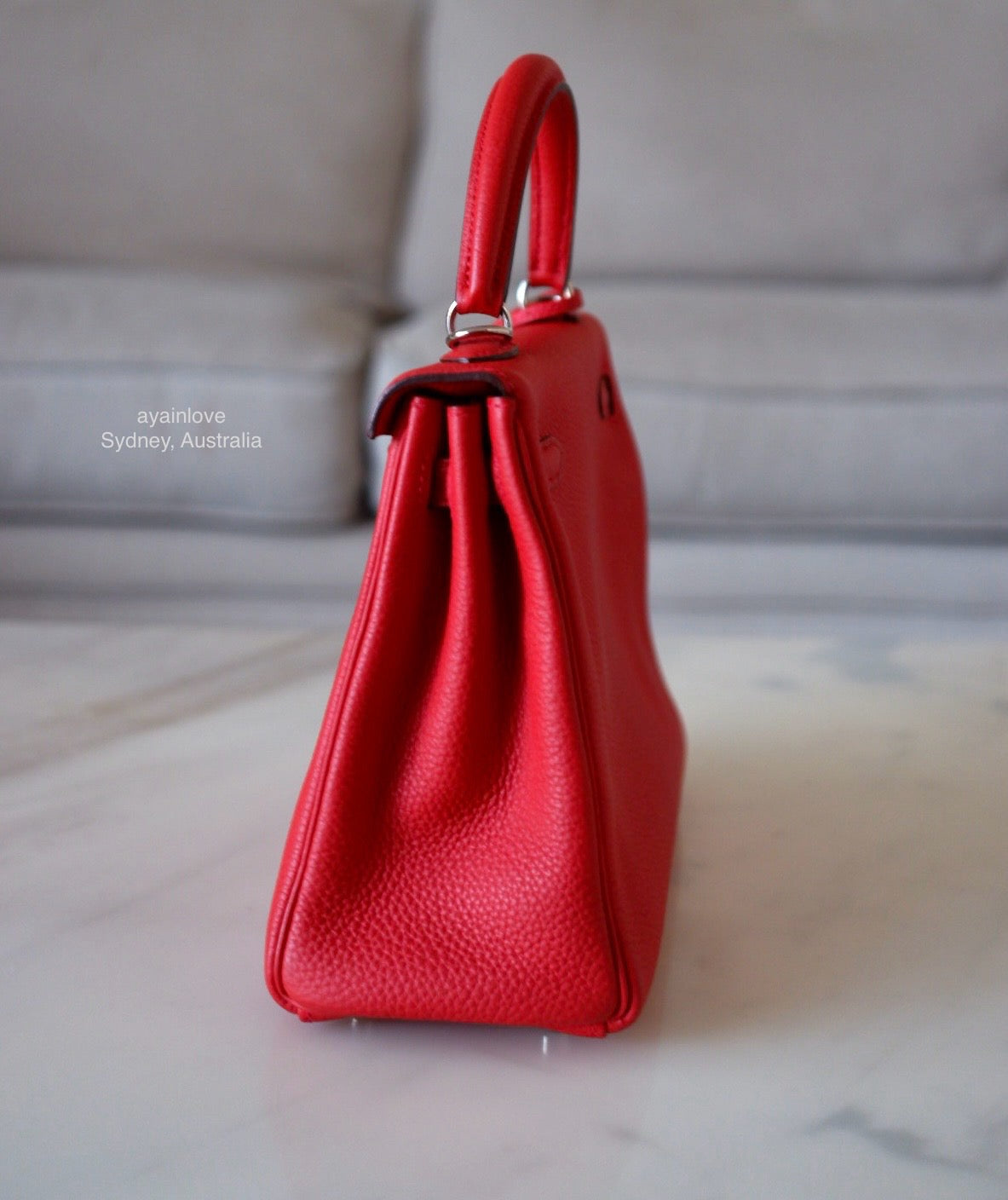 HERMES Kelly 25 Geranium Togo Retourne Palladium Hardware X Stamp