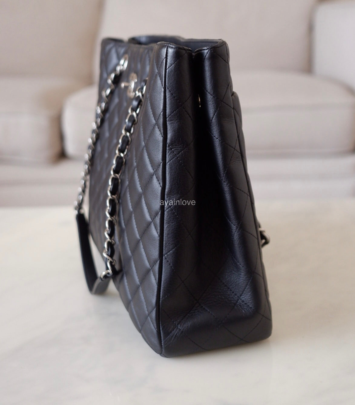 CHANEL Black Quilted Calfskin Tote Bag Classic CC Lock Silver Hardware