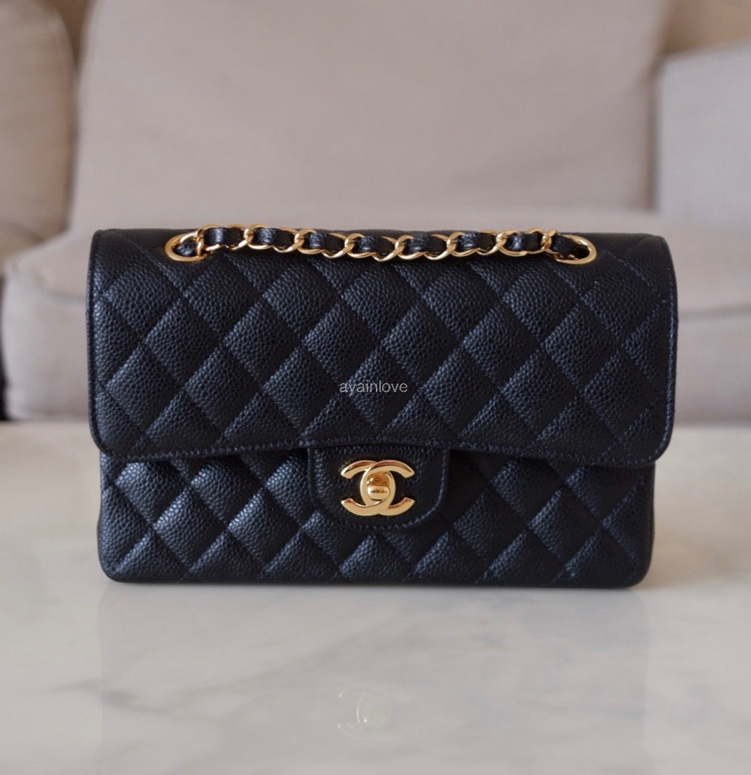CHANEL Black Caviar Quilted Small Classic Flap Bag Gold Hardware