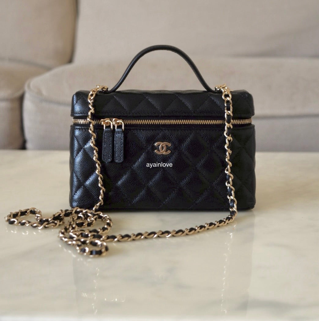 CHANEL Black Caviar Top Handle Flat Vanity on Chain Light Gold Hardware