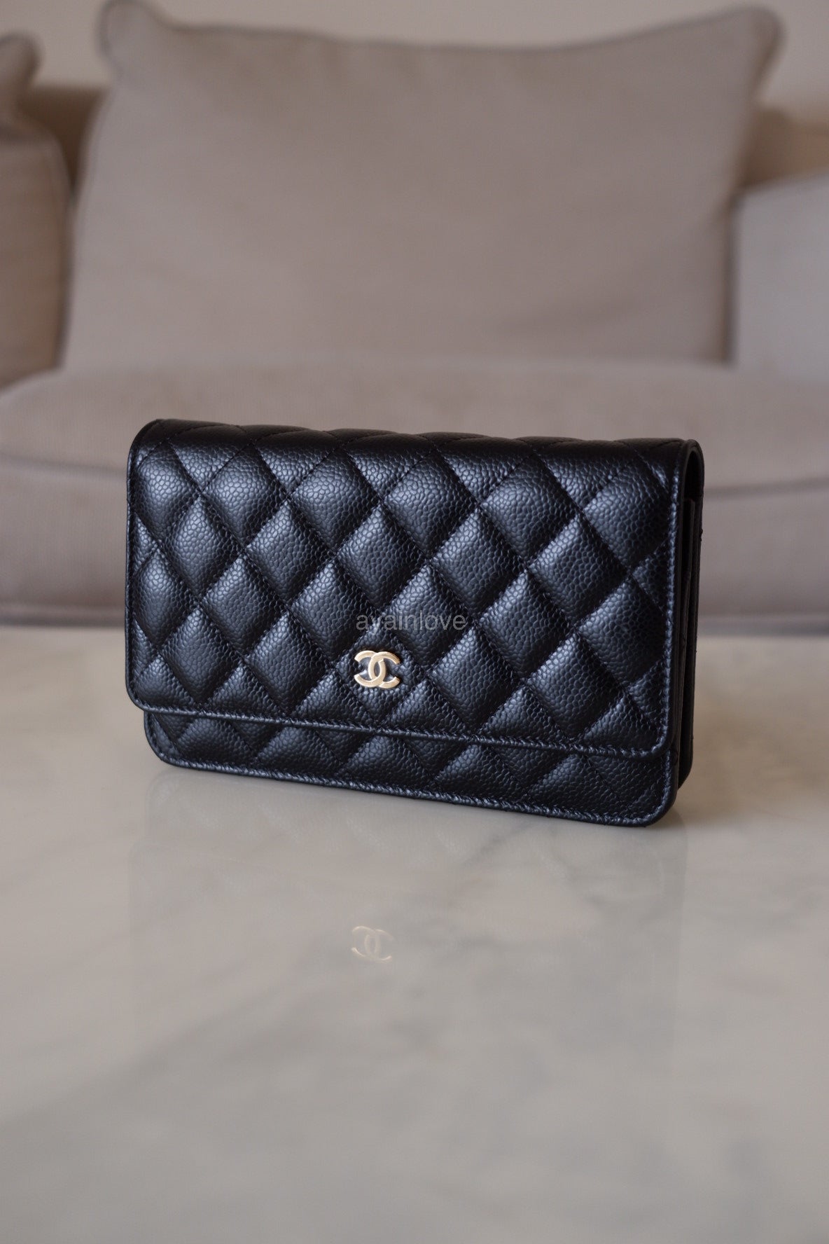 CHANEL Black Caviar Microchipped Classic Wallet On Chain Gold Hardware