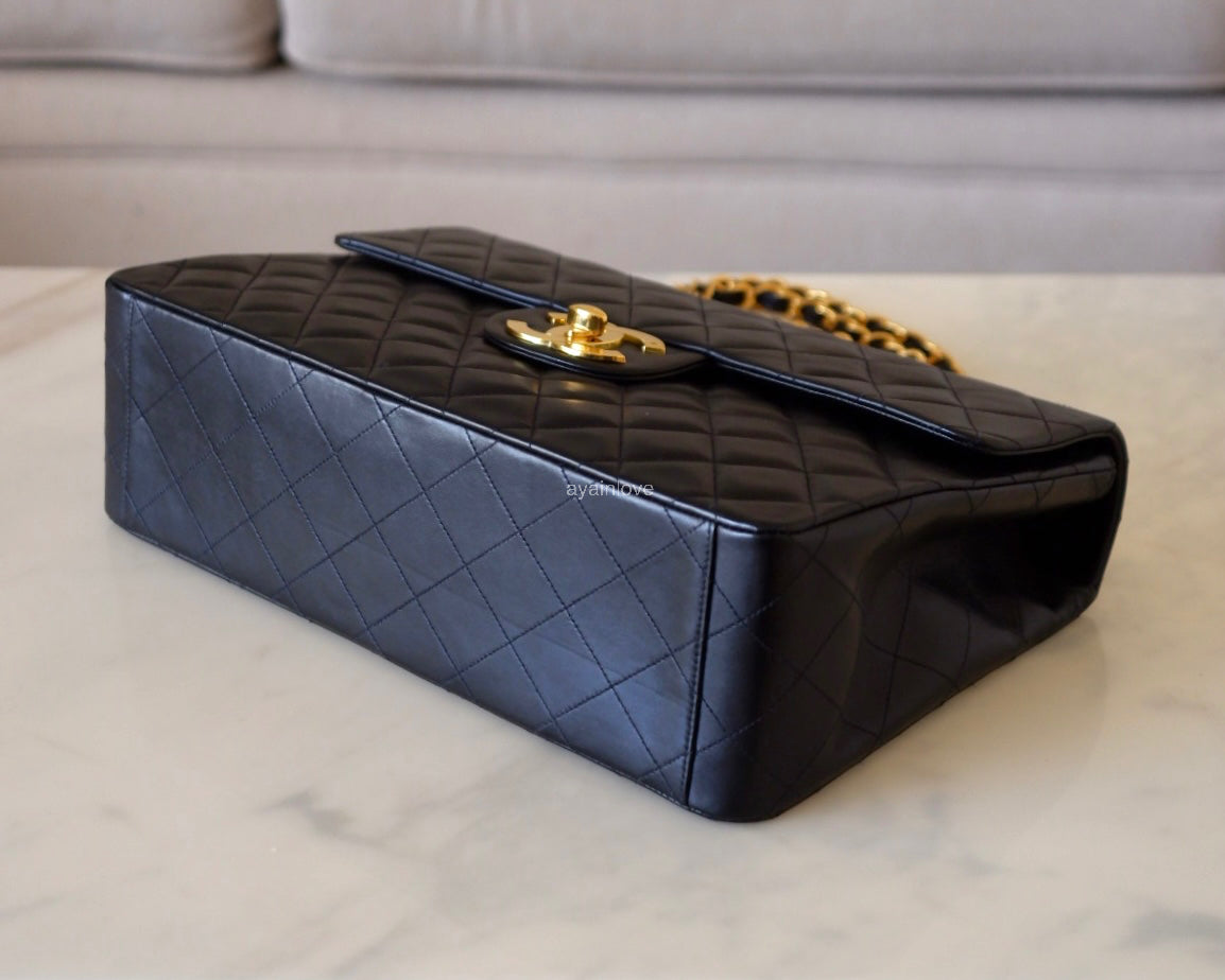 CHANEL Vintage Black Quilted Maxi XL Jumbo Classic Single Flap Oversized CC Bag 24KT Gold Plated Hardware Series 3