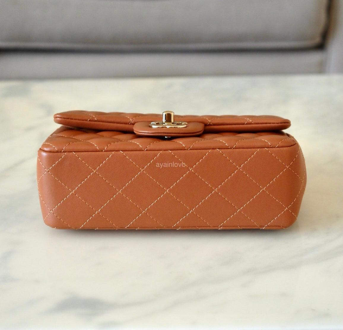 CHANEL 22S Caramel Brown Lamb Skin Rectangular Mini Light Gold Hardware