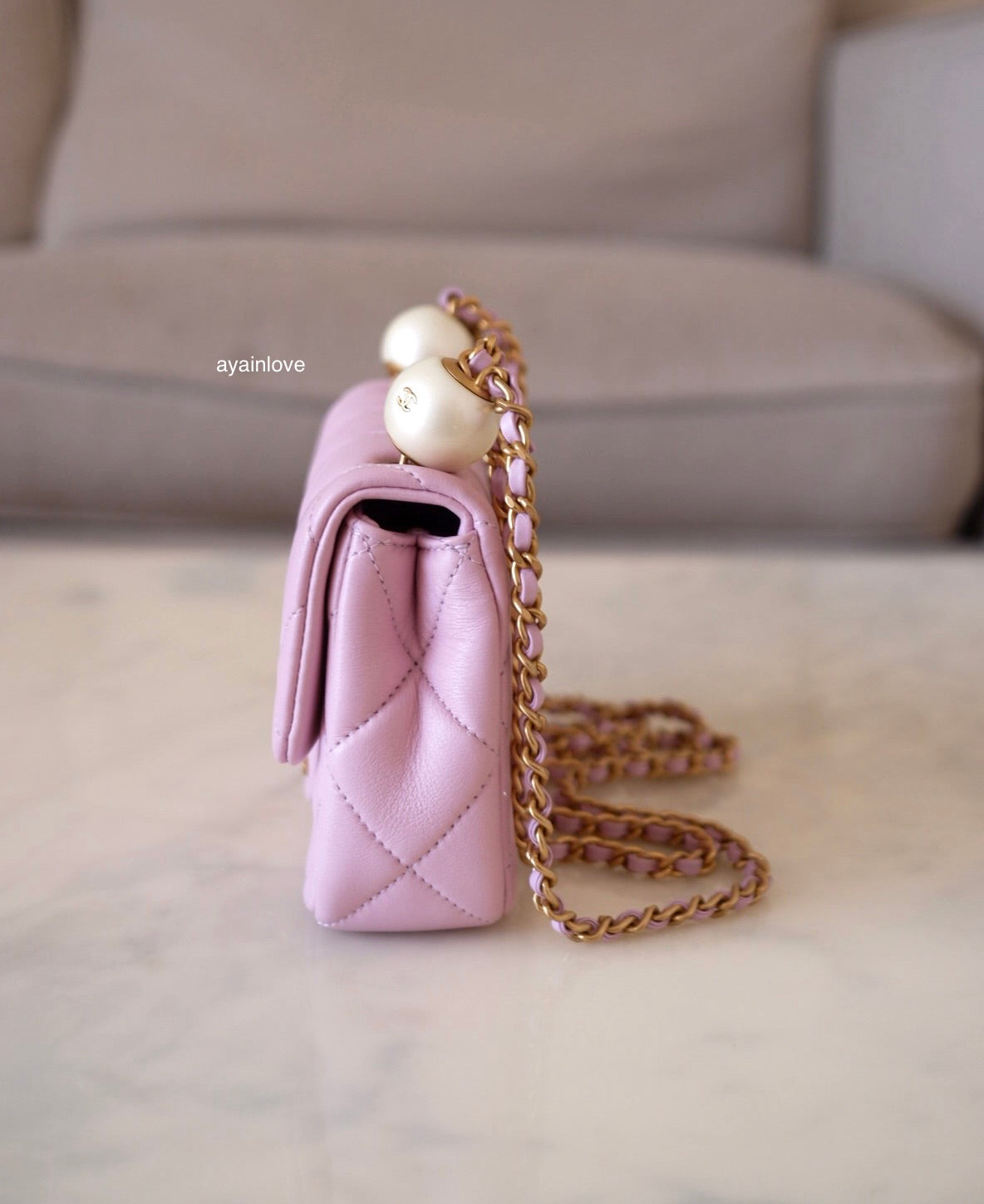 CHANEL 24S Pink Lambskin Twin Pearls Quilted Mini Flap Bag Adjustable Gold Hardware