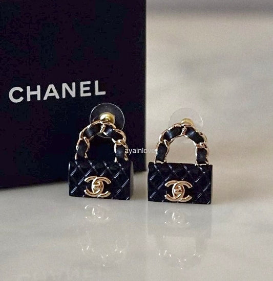 CHANEL 23C Black Classic Flap Handbag Stud Earrings Gold Hardware