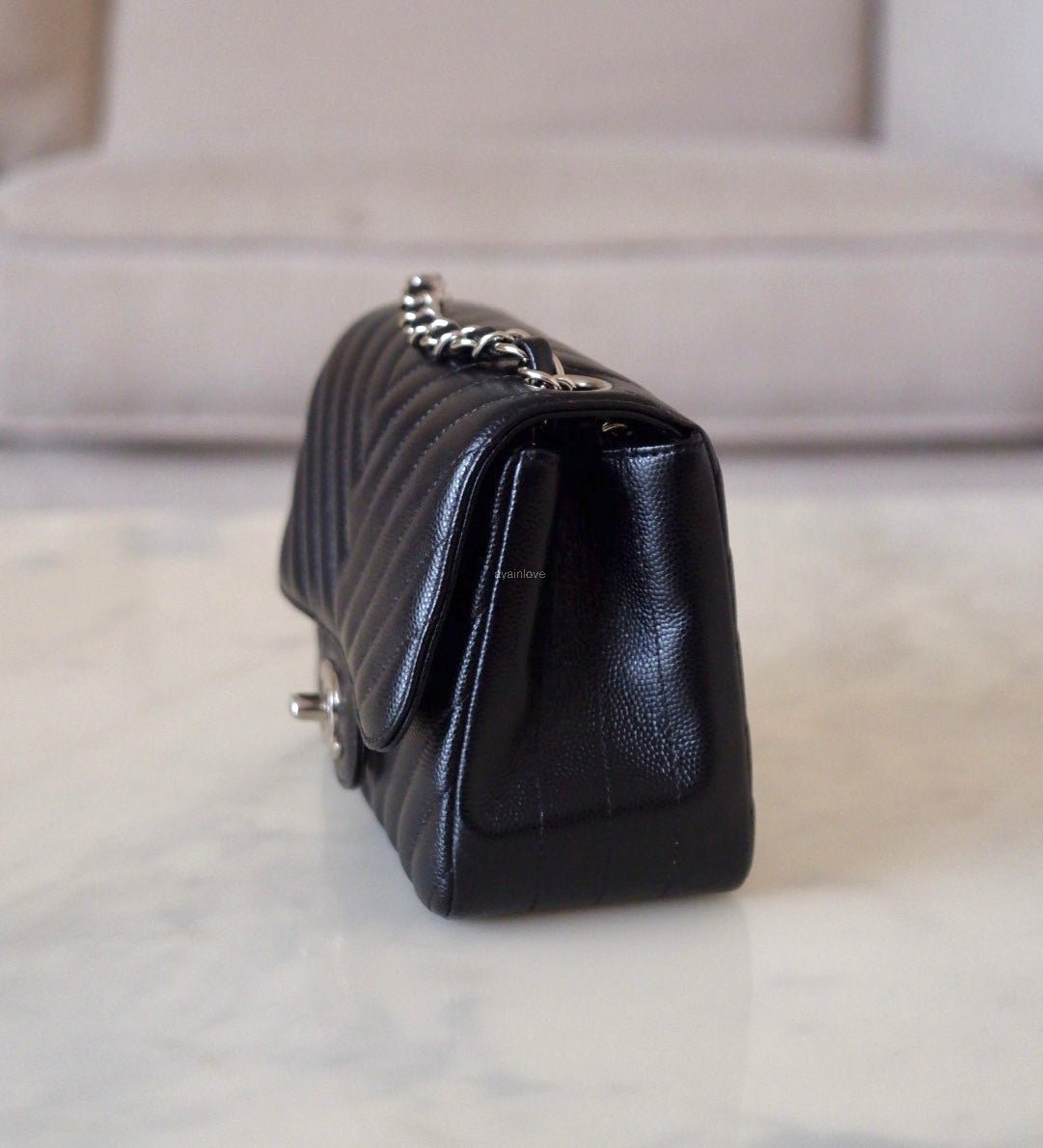 CHANEL 16S Black Caviar Chevron Classic Square Mini Flap Bag Silver Hardware
