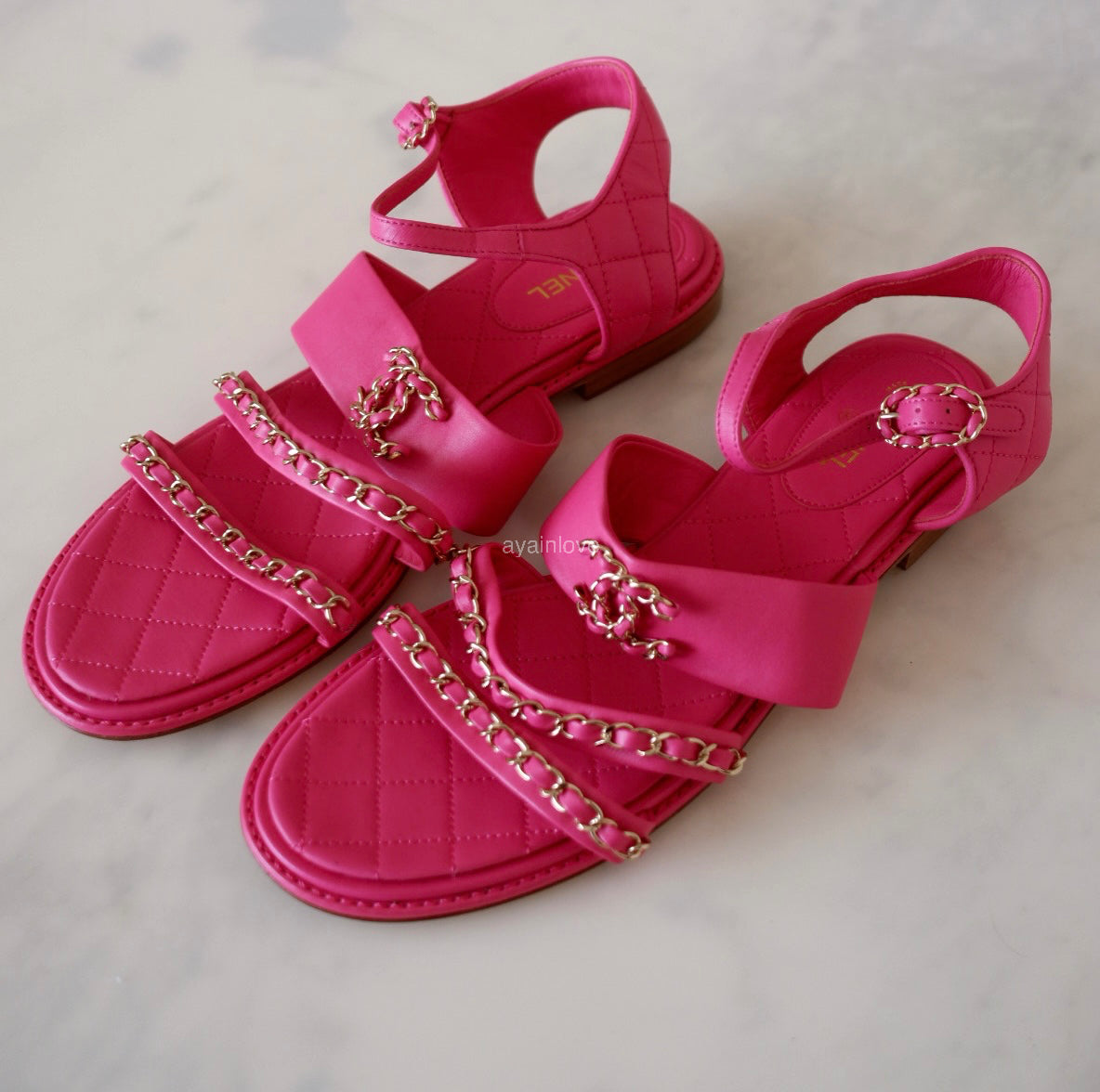 CHANEL 20C Fuchsia Pink Chain Lambskin Sandals CC Gold Hardware Size 41