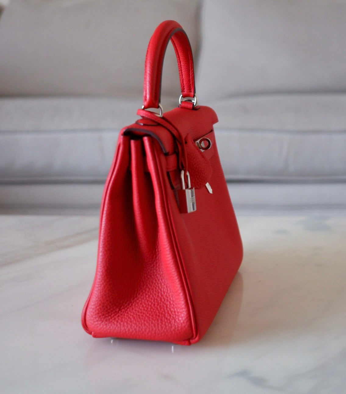 HERMES Kelly 25 Geranium Togo Retourne Palladium Hardware X Stamp