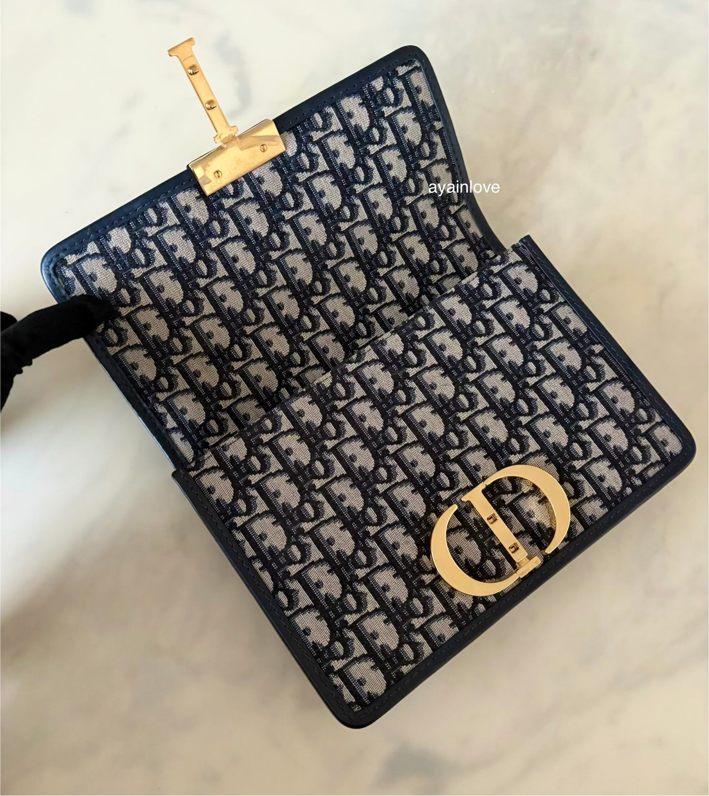 DIOR Montaigne 30 Blue Oblique Jacquard Medium Flap Bag Gold Hardware