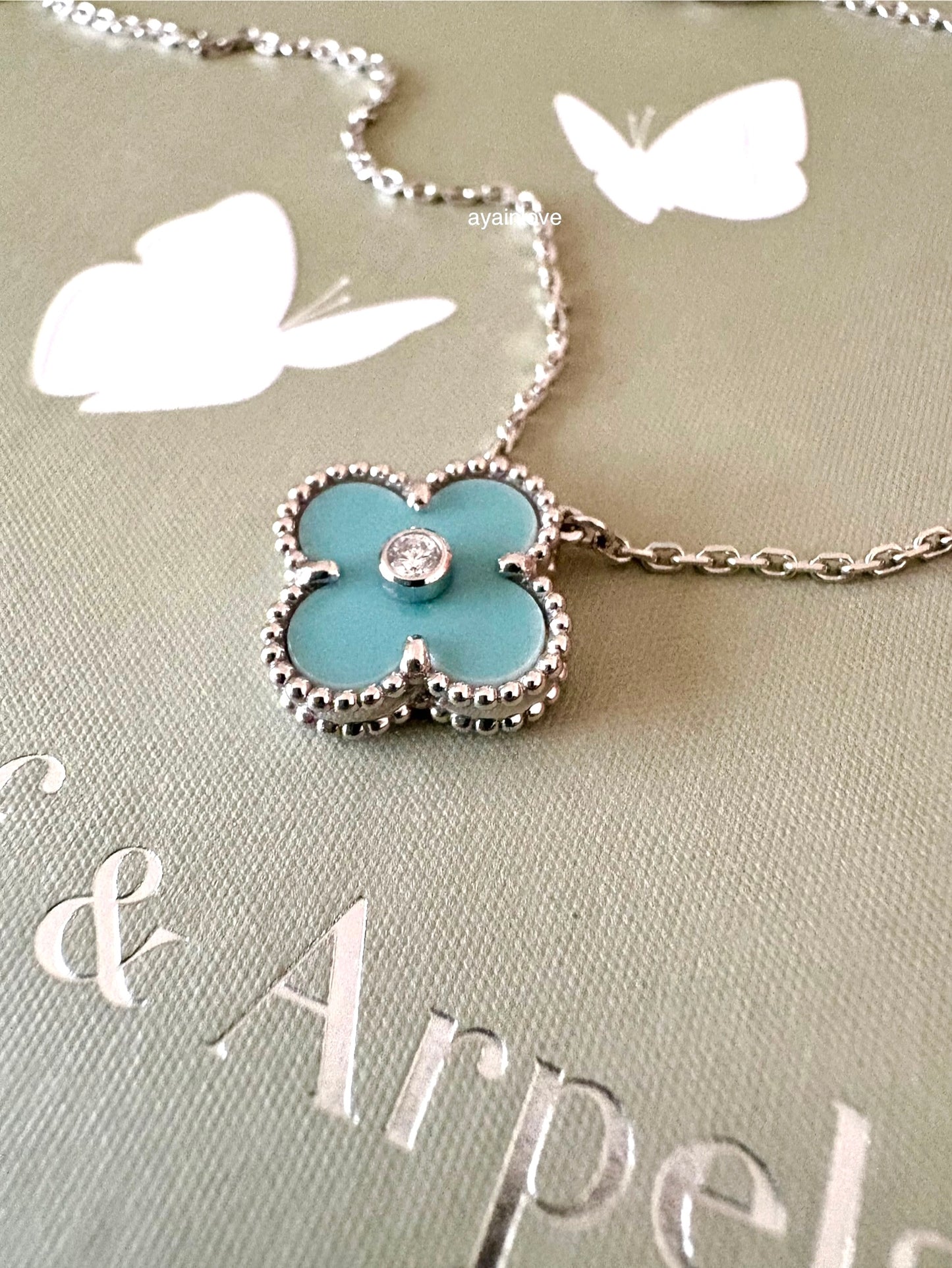 VAN CLEEF ARPELS VCA 18KT White Gold Limited 2022 Holiday Pendant Tiffany Blue Diamond Vintage Alhambra