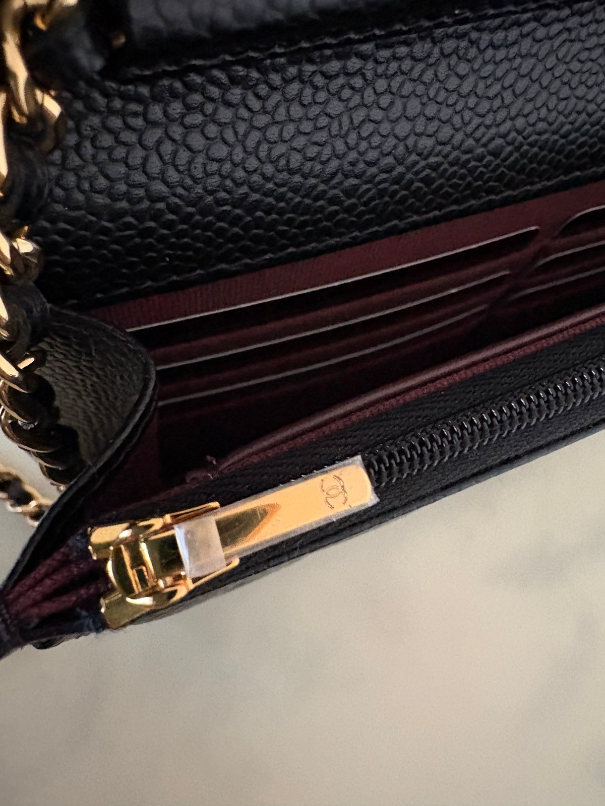 CHANEL Black Caviar Microchipped Classic Wallet On Chain Gold Hardware