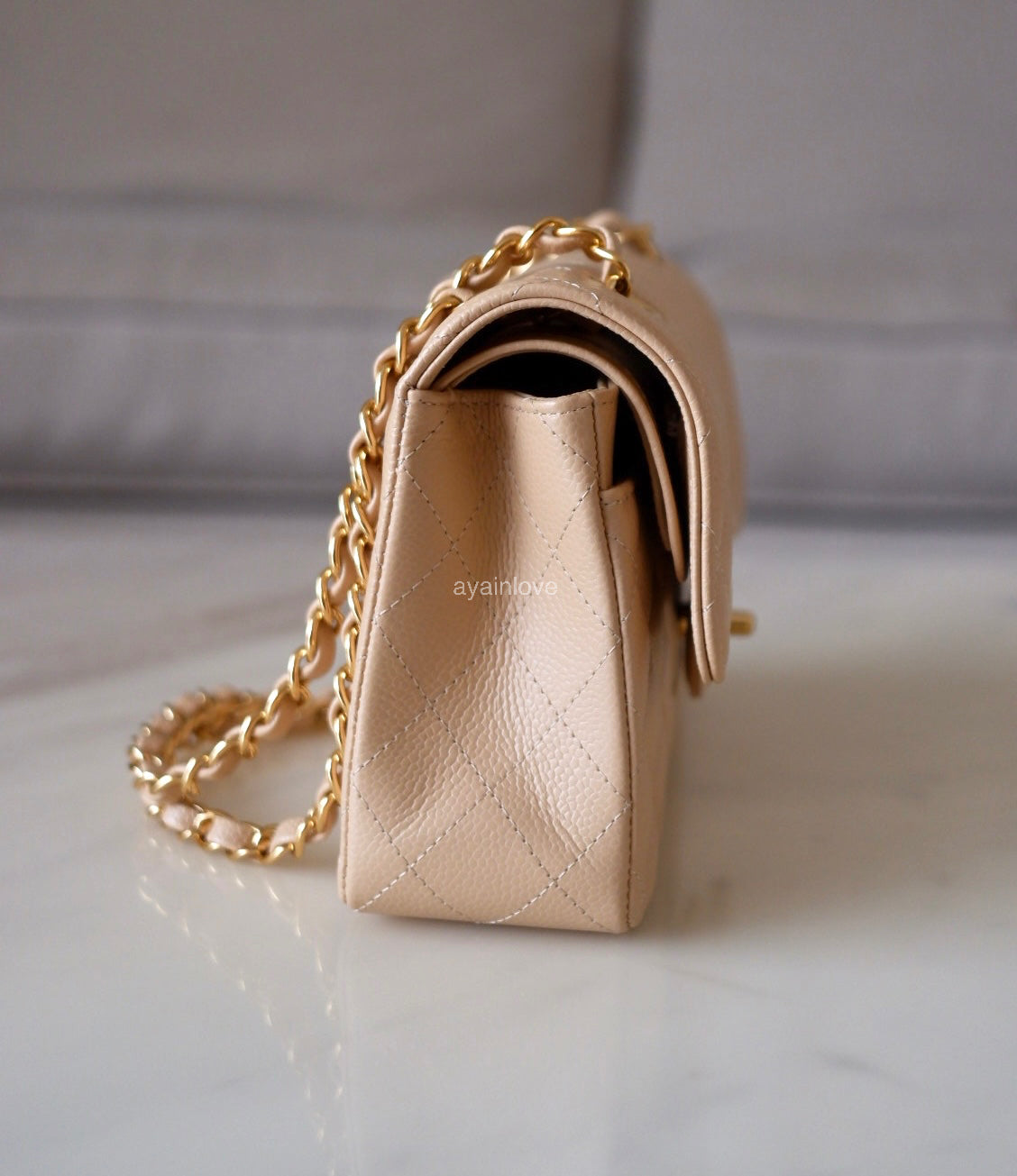 CHANEL Beige Clair Caviar Small Classic Flap Bag Gold Hardware