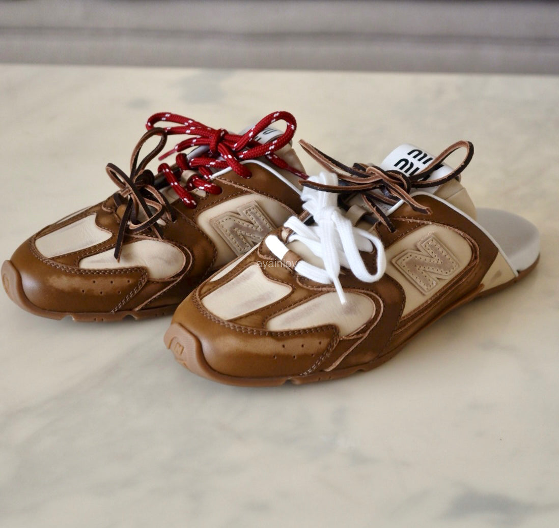 Miu Miu x New Balance 530 SL Brown Cinnamon Bleached Calfskin Mules Loafers Shoes Size 38 EU