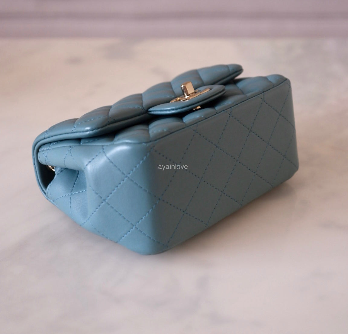 CHANEL 2022 Turquoise Blue Lambskin Microchipped Quilted Square Mini Flap Bag Light Gold Hardware